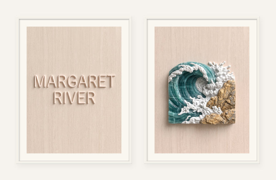 Margaret River Stone Pair, two framed prints of digital artwork reimagined in carved marble