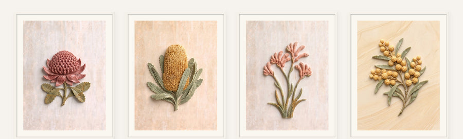 Native Flora Stone Set of 4, 4 framed prints of digital artwork reimagined in carved marble