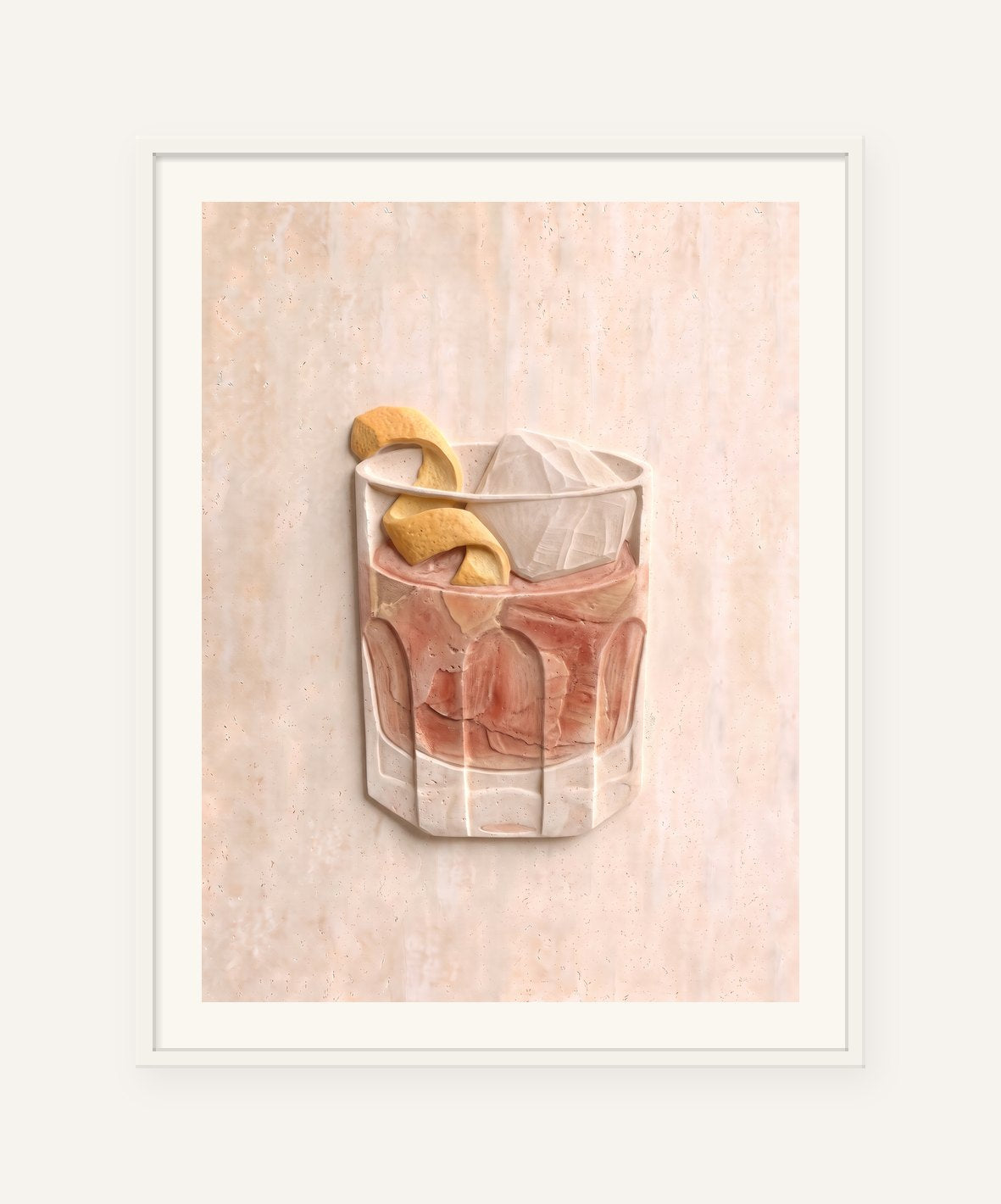 
                  
                    Negroni on the Rocks, carved marble digital artwork, framed in white with a 5 cm white border
                  
                