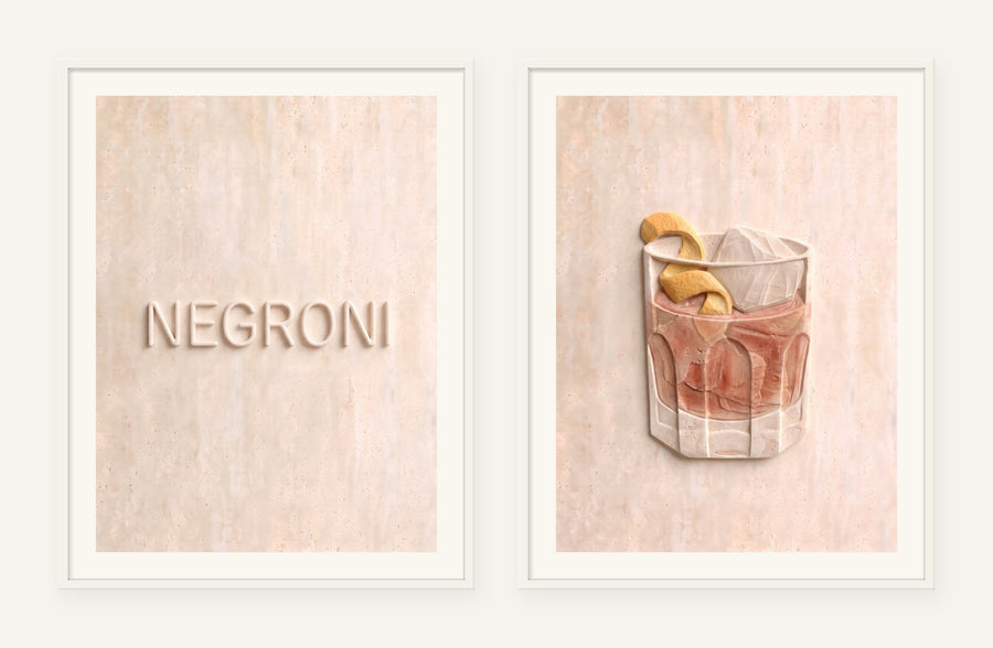 Negroni Stone Pair, two framed prints of digital artwork reimagined in carved marble