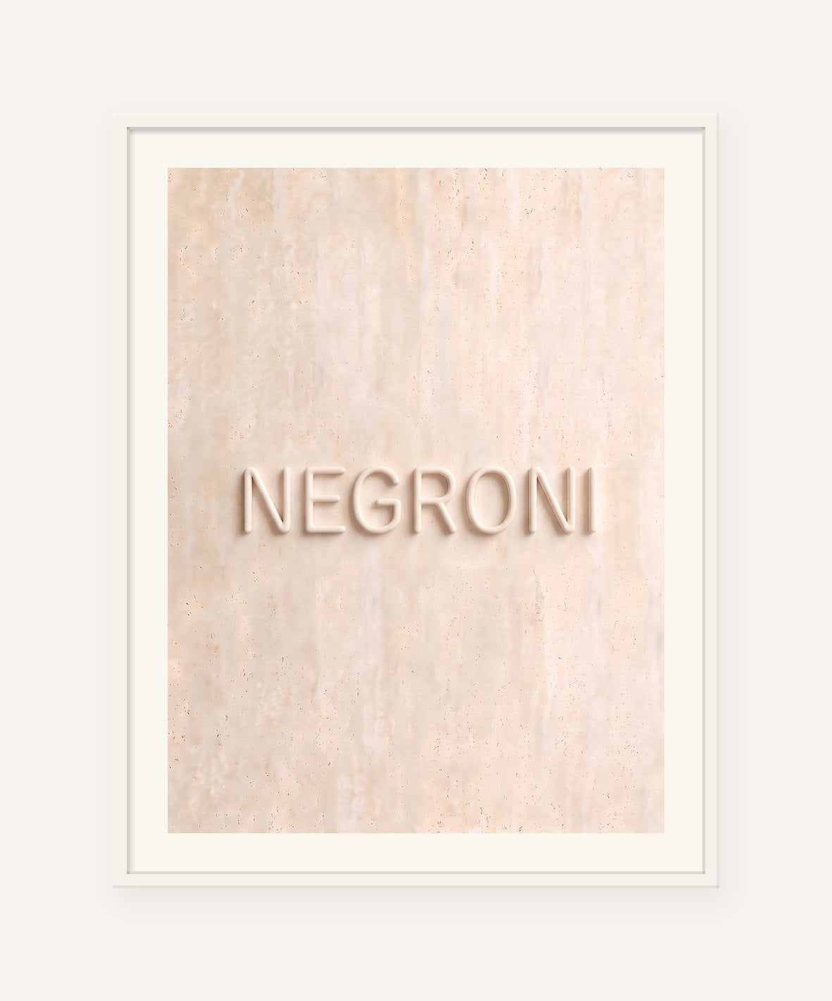
                  
                    Negroni, the word carved into soft marble, framed in white with a 5 cm white border
                  
                