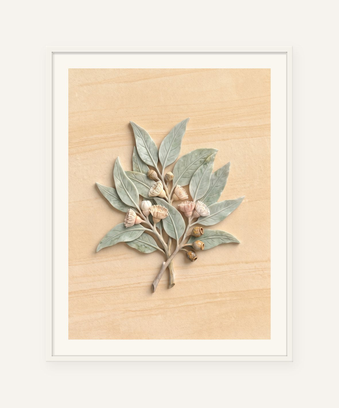 
                  
                    Gum Leaves, carved marble digital artwork, framed in white with a 5 cm white border
                  
                