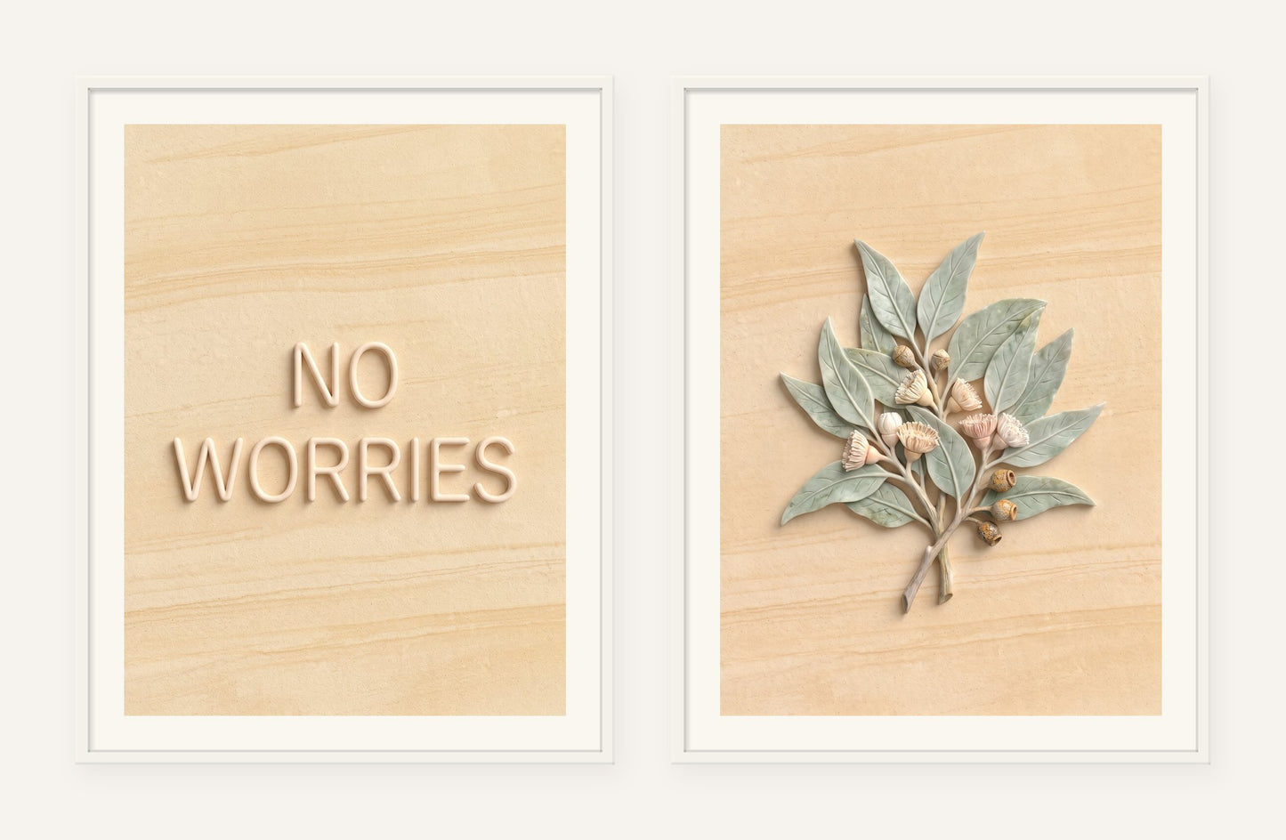
                  
                    No Worries Stone Pair, two framed prints of digital artwork reimagined in carved marble
                  
                