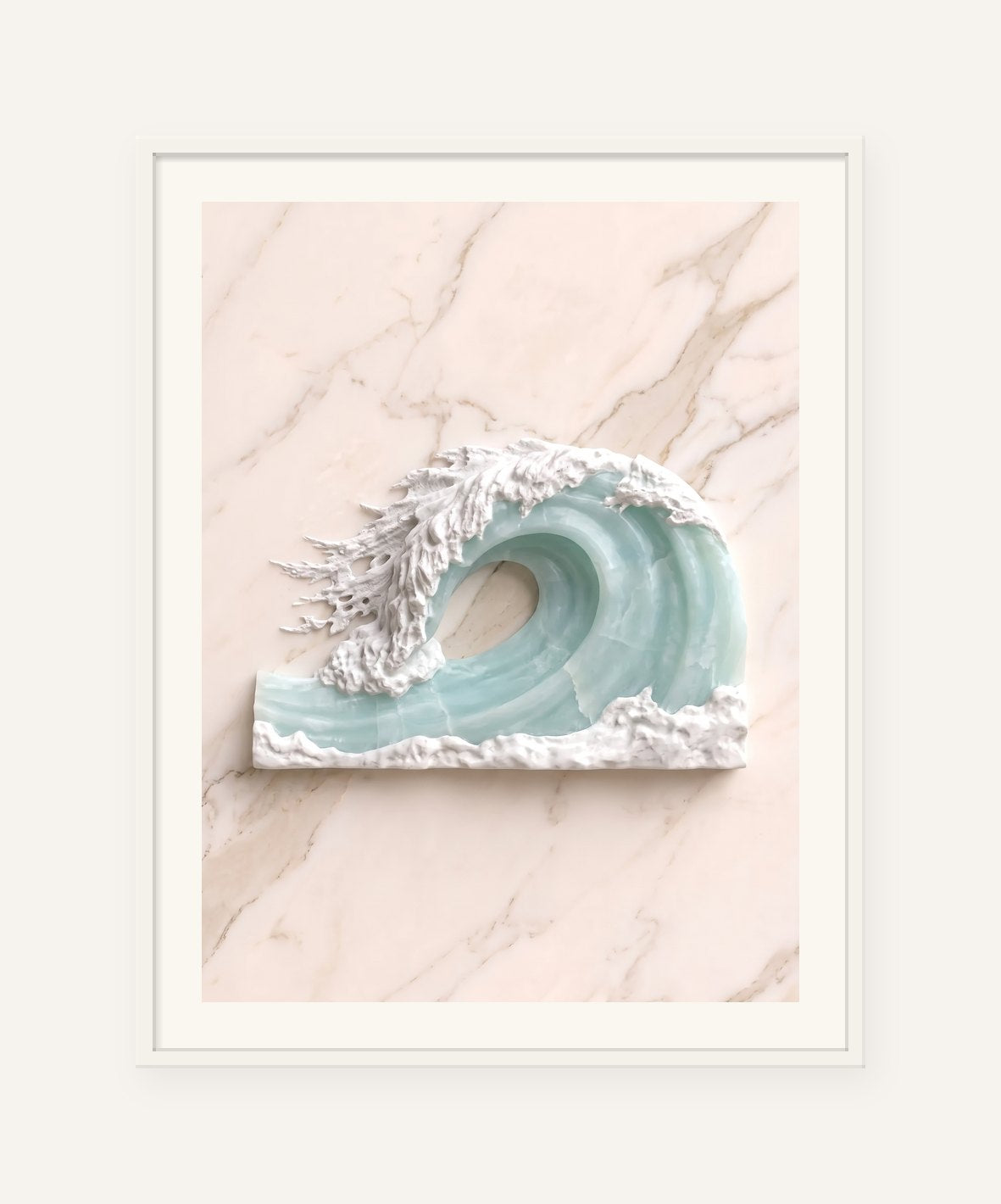 
                  
                    Offshore Spray, carved marble digital artwork, framed in white with a 5 cm white border
                  
                