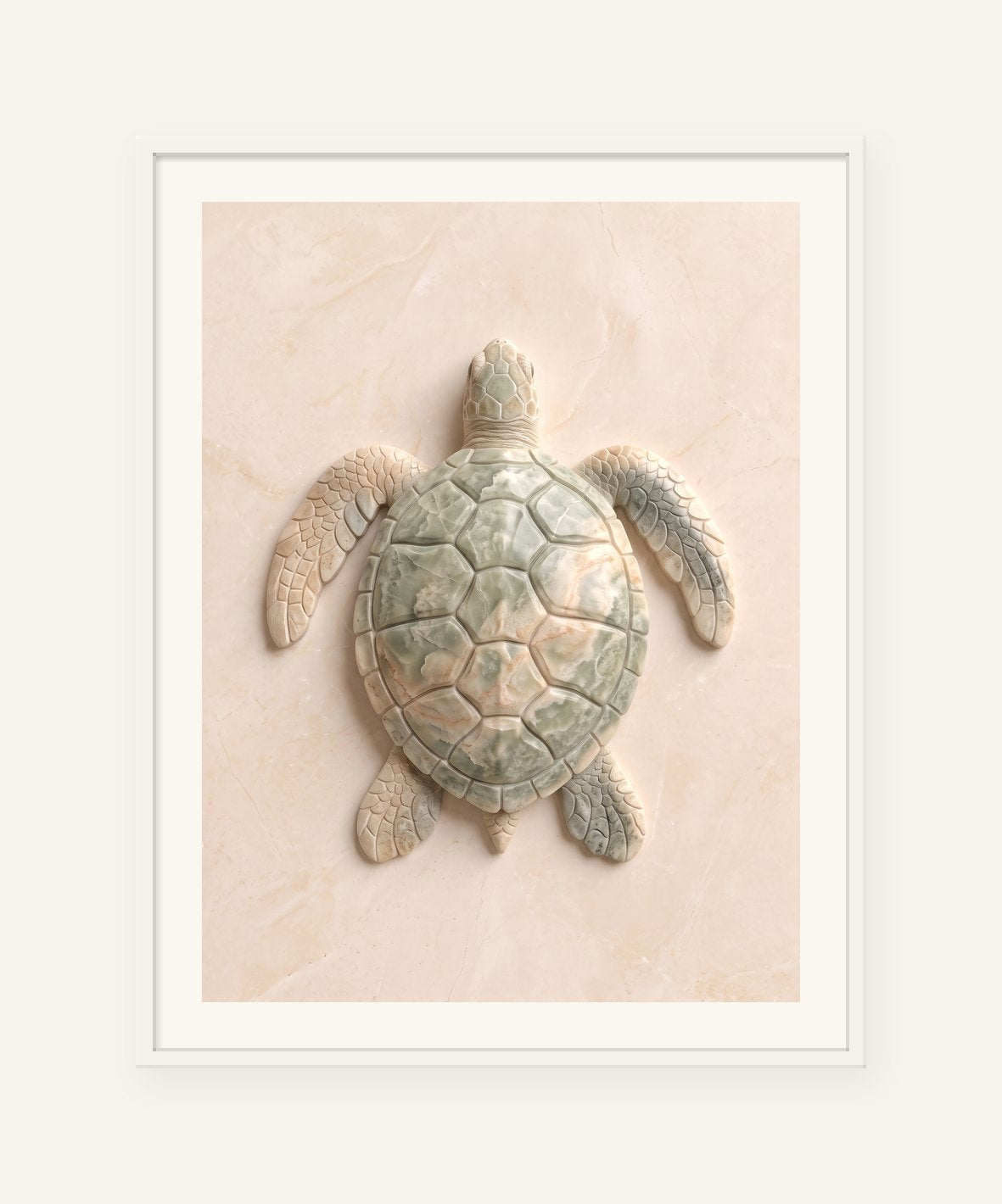 
                  
                    Sea Turtle, carved marble digital artwork, framed in white with a 5 cm white border
                  
                