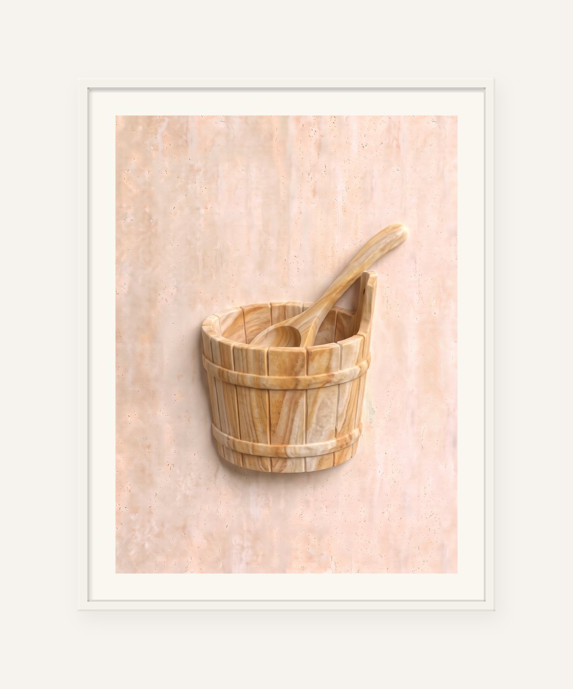 
                  
                    Sauna Bucket, carved marble digital artwork, framed in white with a 5 cm white border
                  
                