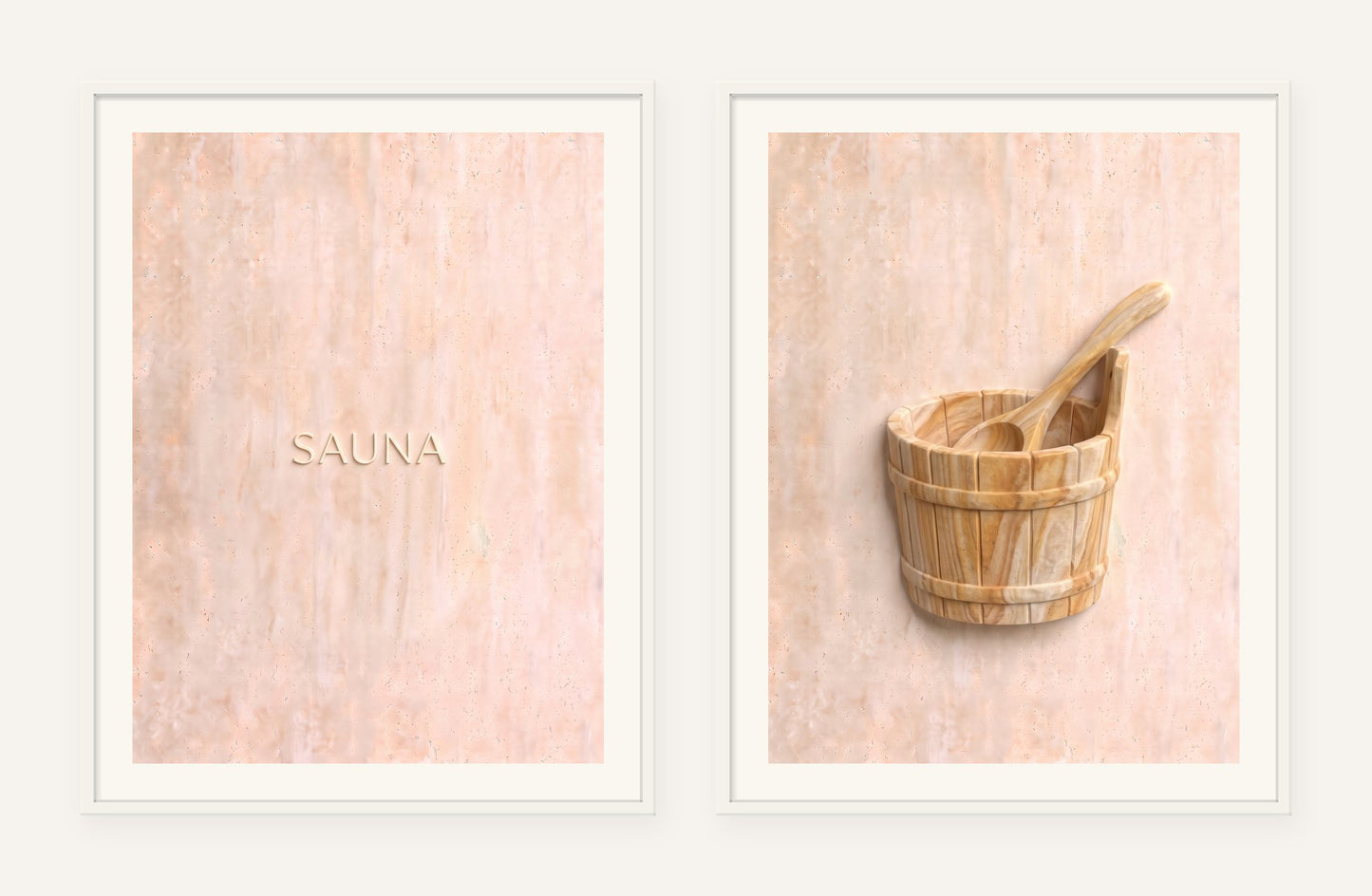 
                  
                    Sauna Stone Pair, two framed prints of digital artwork reimagined in carved marble
                  
                
