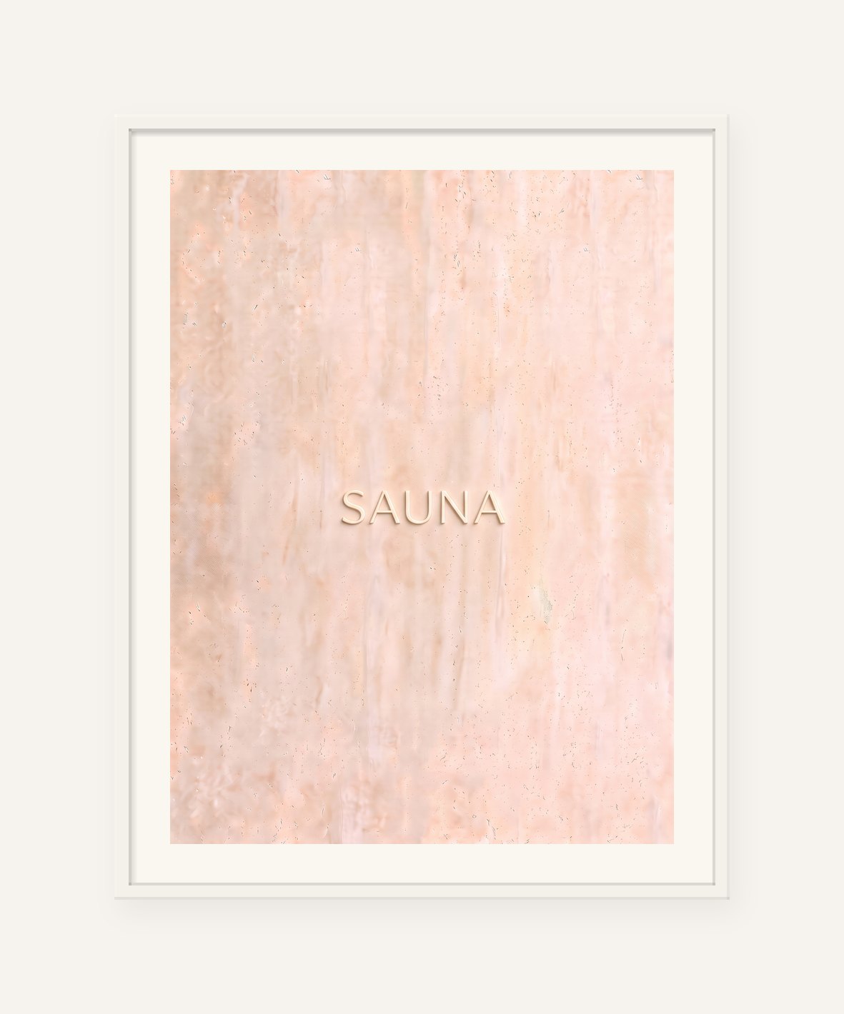
                  
                    Sauna, the word carved into soft marble, framed in white with a 5 cm white border
                  
                