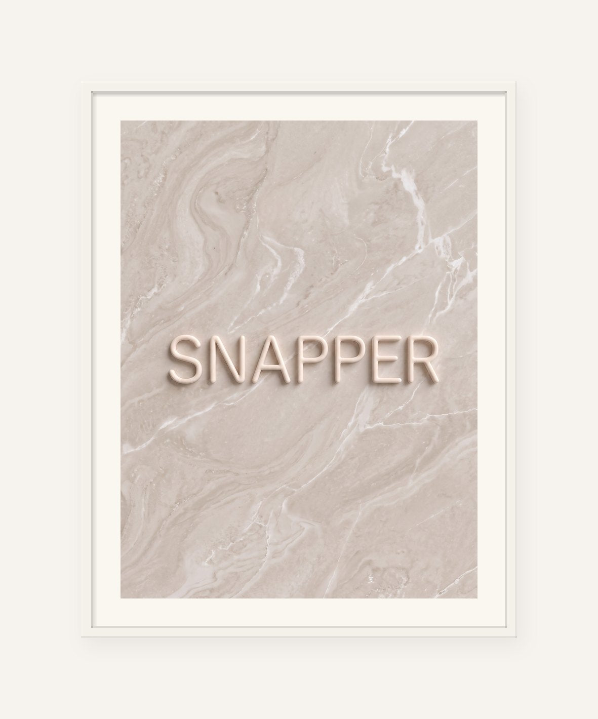 
                  
                    Snapper, the word carved into soft marble, framed in white with a 5 cm white border
                  
                