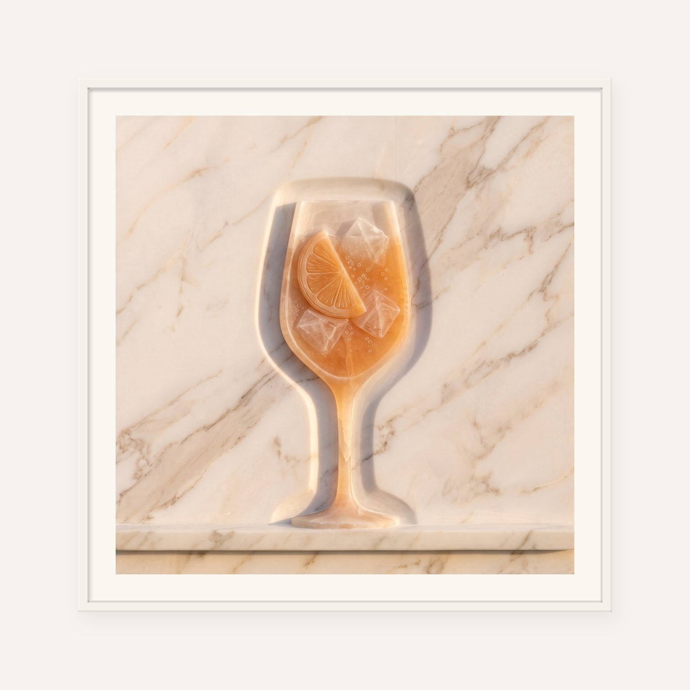
                  
                    Orange Spritz, carved marble digital artwork, framed in white with a 5 cm white border
                  
                