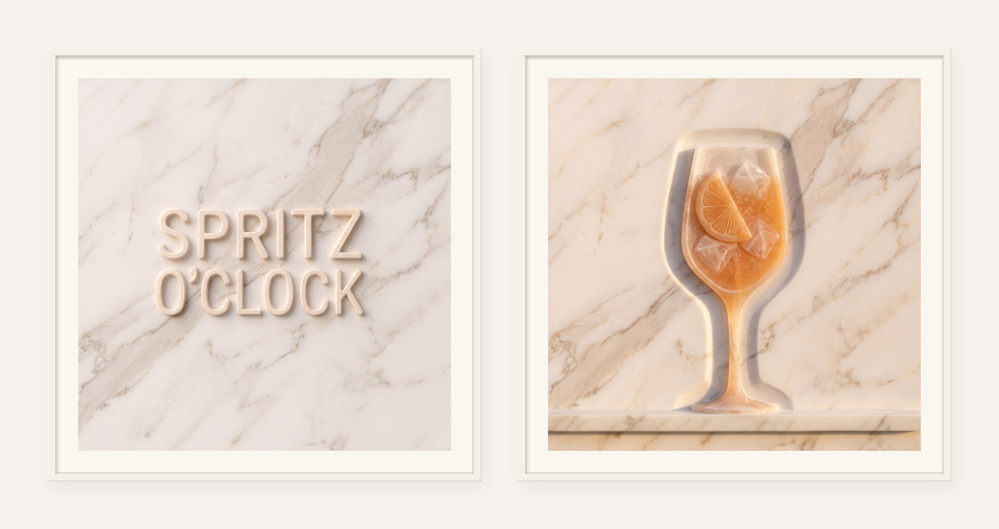 
                  
                    Spritz O'Clock Stone Pair, two framed prints of digital artwork reimagined in carved marble
                  
                