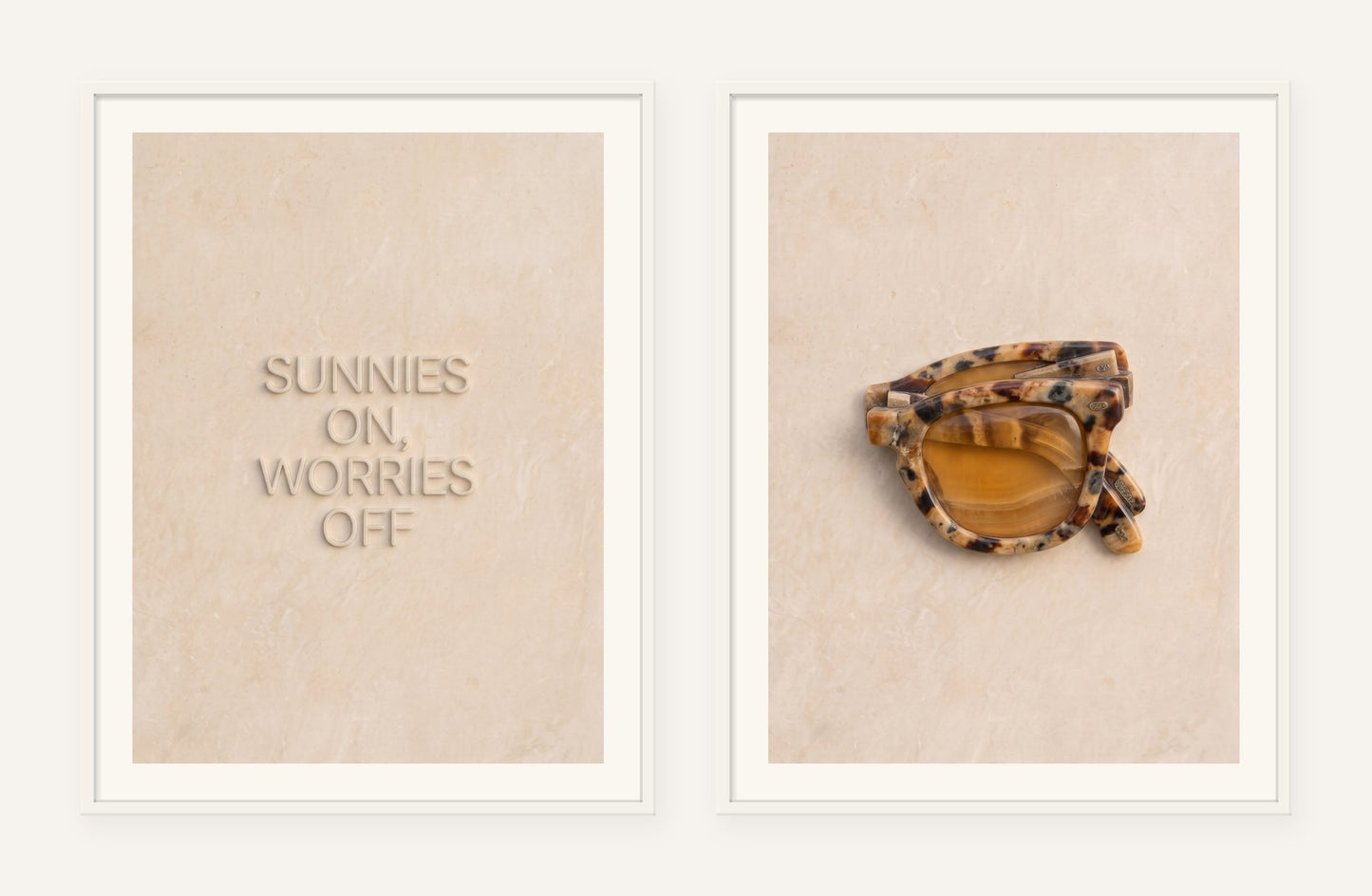 
                  
                    Sunnies On, Worries Off Stone Pair, two framed prints of digital artwork reimagined in carved marble
                  
                
