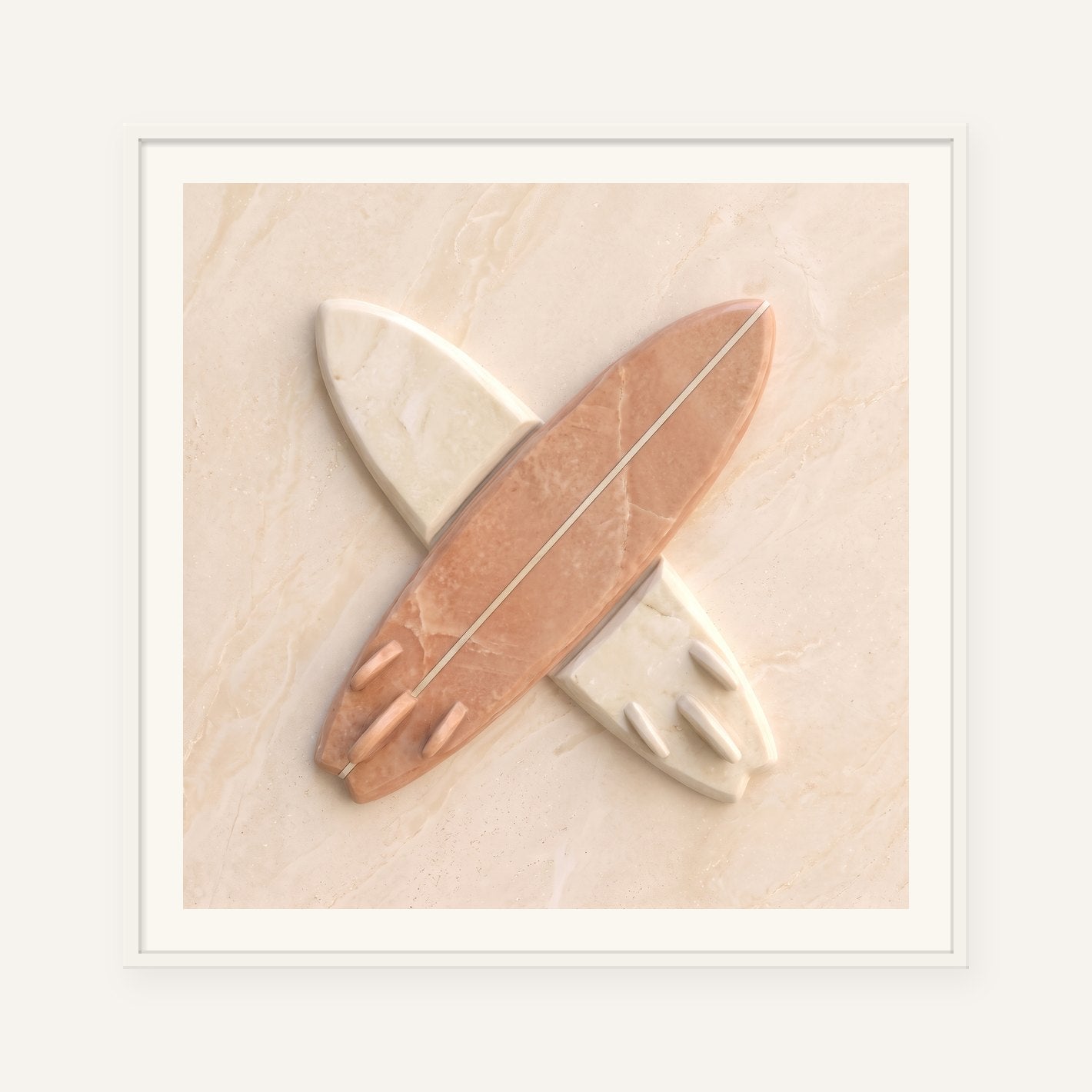 
                  
                    Crossed Boards, carved marble digital artwork, framed in white with a 5 cm white border
                  
                