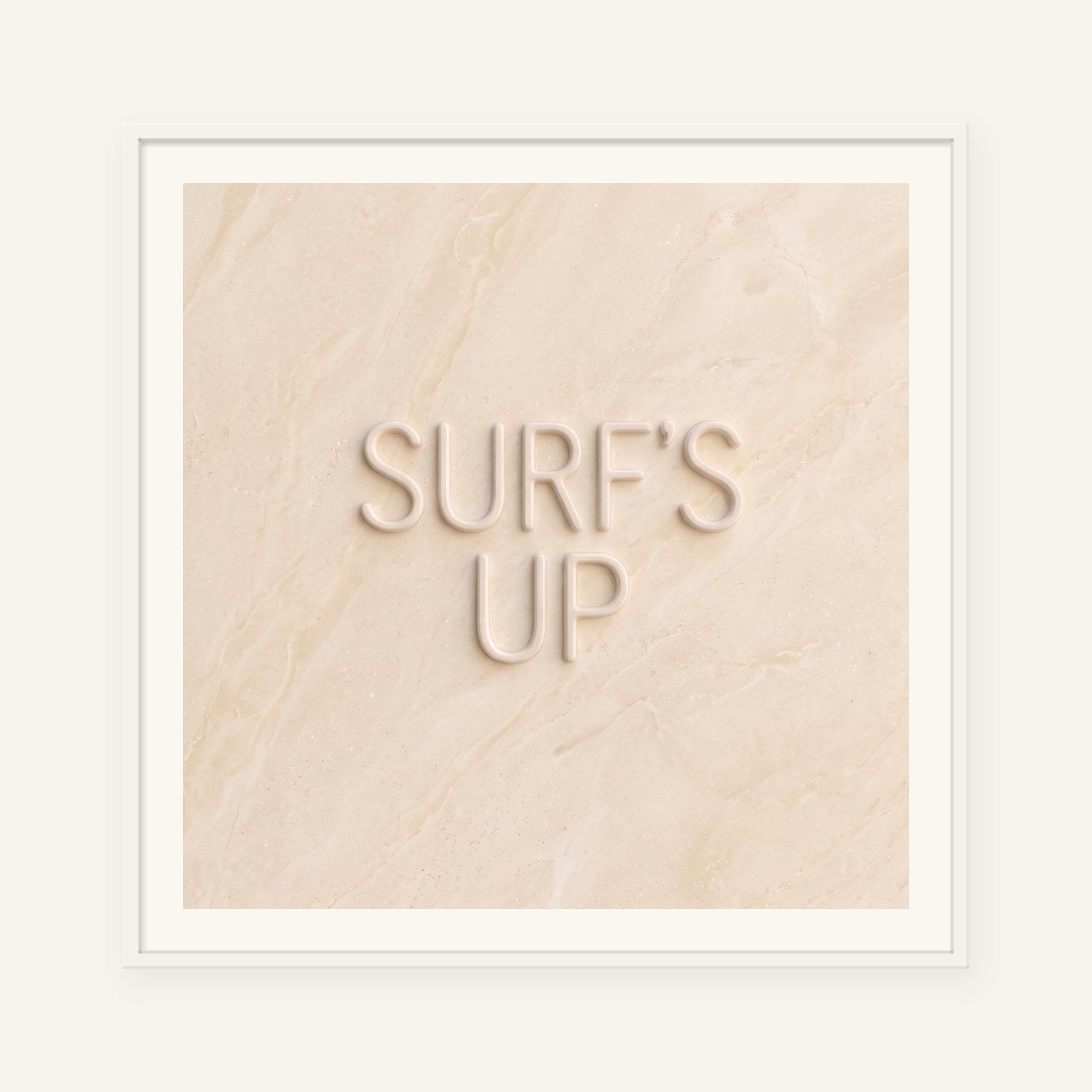 
                  
                    Surf's Up, the word carved into soft marble, framed in white with a 5 cm white border
                  
                