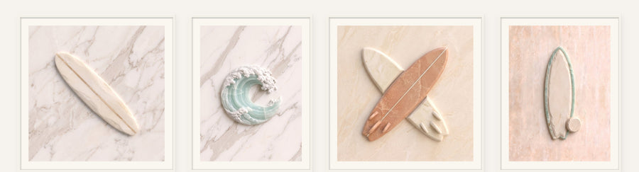 Surf Stone Set of 4, 4 framed prints of digital artwork reimagined in carved marble